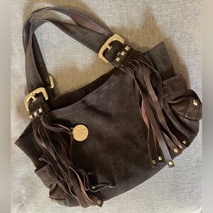 Stuart Weitzman Dark Brown Suede Fringe Shoulder Bag